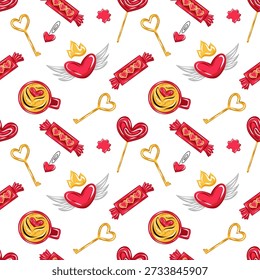 Patrón de San Valentín sin fisuras con corazones alados, llaves de oro, dulces y taza de café. Vector. Ilustración romántica colorida para diseños de amor, papel de regalo, tarjetas, textiles y Fondos de pantalla, papelería