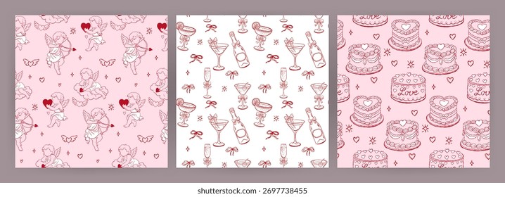 Padrões de namorados sem costura com cupidos, bebidas e bolos
