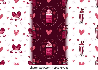 Seamless Valentine patterns with pink hearts, love milkshakes  for holiday, romantic, wedding, cafe design. Vector illustration.