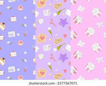 Seamless Valentine Patterns. Seamless Valentine-themed patterns featuring gift boxes, hearts, flowers, and letters on soft pastel backgrounds in pink, purple, and blue tones. 