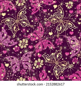 Seamless valentine purple pattern with lace pink and golden butterflies on a  dark background. Vector eps 10