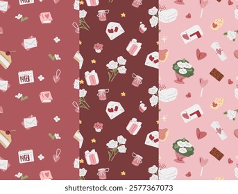 Seamless Valentine s Day Pattern. A seamless Valentine s Day pattern featuring love letters, gift boxes, flowers, hearts, and sweets in soft pink, red, and chocolate tones.