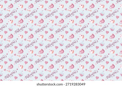 Patrón de San Valentín sin fisuras con globos de corazón, tazas, sobres, llaves, cuencos y texto de Feliz Día de San Valentín en azul pastel. Perfecto para el papel de regalo festivo y diseños románticos