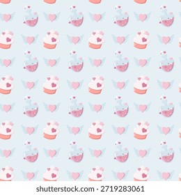 Patrón de San Valentín sin fisuras con cupcakes, corazones alados y botellas de poción en azul pastel. Ideal para papel de regalo festivo, tarjetas románticas y fondos digitales