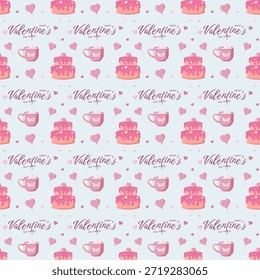 Patrón de San Valentín sin fisuras con pasteles, tazas, corazones y texto de Feliz Día de San Valentín en azul pastel. Perfecto para papel de regalo festivo, tarjetas románticas y fondos digitales