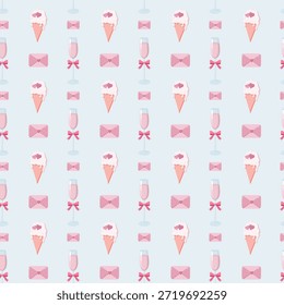 Patrón sin fisuras del día de San Valentín con tazas, corazones etiquetados AMOR, y 14 calendarios de FEB en azul pastel. Perfecto para papel de regalo romántico, tarjetas de felicitación y fondos festivos
