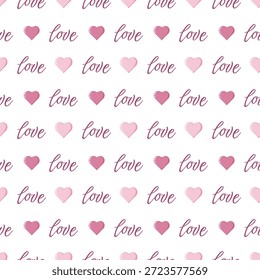 Seamless Valentine s Day pattern with cursive love text and pink and red hearts in a grid layout