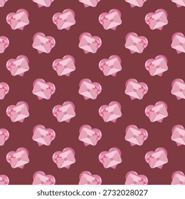 Padrão sem emenda do Dia dos Namorados com envelopes de coração rosa perfurados por setas no fundo marrom