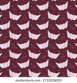 Seamless Valentine s Day pattern with winged hearts, love text, and scattered dots on maroon background