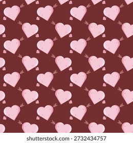 Seamless Valentine s Day pattern with glossy pink hearts pierced by arrows on maroon background