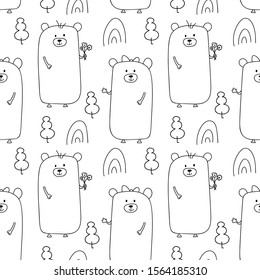 Seamless valentine scandinavian holidays theme bear boy and girl in forest. Background pattern in vector. Cute animal for wallpaper, textile and kids design