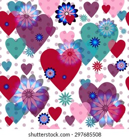 Seamless valentine spotty pattern with translucent hearts