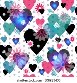 Seamless valentine spotty pattern with translucent hearts