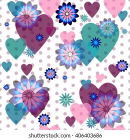 Seamless valentine spotty pattern with translucent hearts