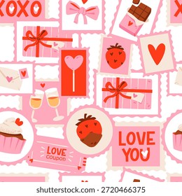 Seamless Valentine Stamp Pattern with Romantic Icons and Gifts. Postage style stamps featuring hearts, chocolates, strawberries, gifts, love messages, and sweet romantic elements.
