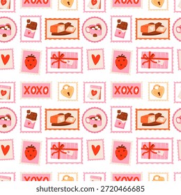 Patrón de sello de San Valentín sin fisuras con iconos románticos. Patrón temático de San Valentín que repite con lindos sellos de estilo postal con corazones, chocolates, fresas, regalos y mensajes de amor.

