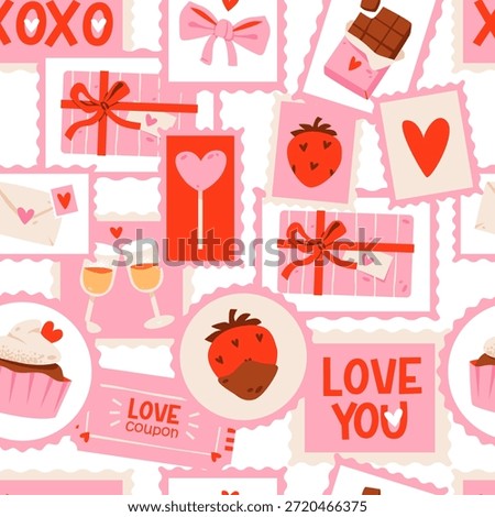 Seamless Valentine Stamp Pattern with Romantic Icons and Gifts. Postage style stamps featuring hearts, chocolates, strawberries, gifts, love messages, and sweet romantic elements.

