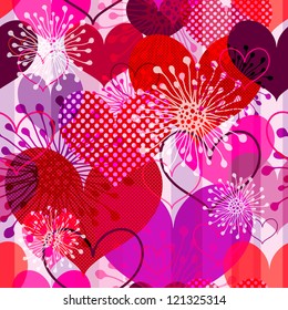 Seamless valentine striped pattern with colorful transparent hearts and flowers (vector EPS 10)