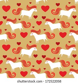 Seamless Valentine vector pattern with horses art hearts