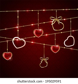 Seamless valentines background with red hanging hearts, illustration.