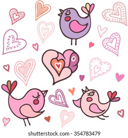 Seamless valentine's birds and hearts pattern in doodle style