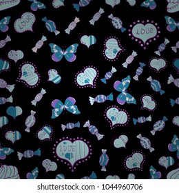 Seamless Valentines Day background of black, blue hearts. Transparent effect. Symbol of love for the label gift packages. Decor element for greeting cards. Flower petal in shape of heart confetti.