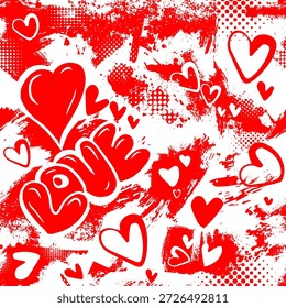 Fondo de San Valentín sin fisuras con manchas y corazones. Dibujado a mano. No IA, Ilustración vectorial