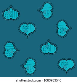 Seamless Valentines Day background of blue, black and gray hearts. Symbol of love for the label gift packages. Flower petal in shape of heart confetti. Decor element for greeting cards.