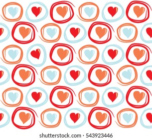 Seamless Valentines Day background with circles and hearts. Tiled vector holiday texture. Love wrapping paper design.