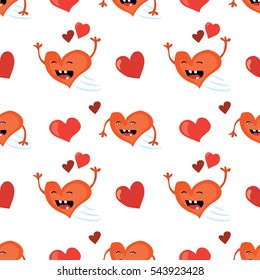 Seamless Valentines Day background with funny red heart character.  Tiled vector holiday texture. Love wrapping paper design.