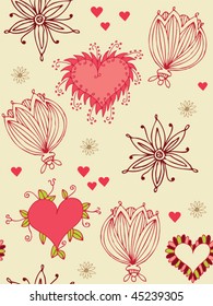 Seamless Valentine's day background with hearts and flowers. Easy to edit vector image.