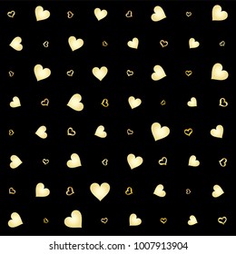 Seamless Valentines day background with random hand drawn falling golden hearts isolated on black.