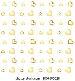 Seamless Valentines day background with random hand drawn falling golden hearts isolated on white.