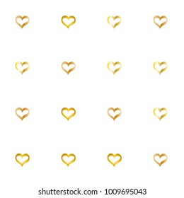 Seamless Valentines day background with random hand drawn falling golden hearts isolated on white.