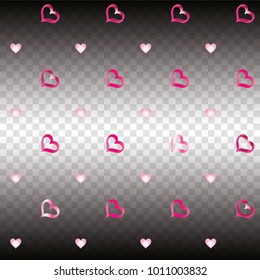 Seamless Valentines day background with random hand drawn falling pink hearts on transparent background.