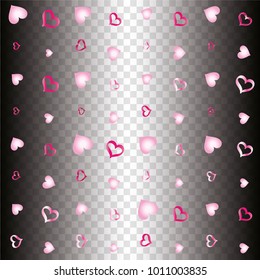 Seamless Valentines day background with random hand drawn falling pink hearts on transparent background.