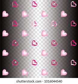 Seamless Valentines day background with random hand drawn falling pink hearts on transparent background.