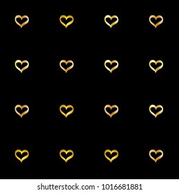 Seamless Valentines day background with random hand drawn falling golden hearts isolated on black.