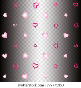 Seamless Valentines day background with random hand drawn falling pink hearts on transparent background.
