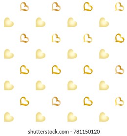 Seamless Valentines day background with random hand drawn falling golden hearts isolated on white.