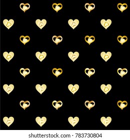 Seamless Valentines day background with random hand drawn falling golden hearts isolated on black.