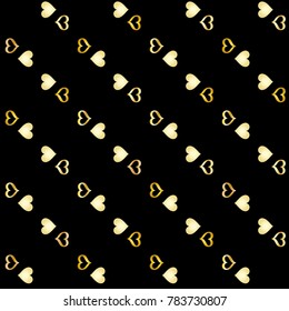 Seamless Valentines day background with random hand drawn falling golden hearts isolated on black.