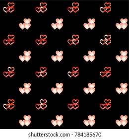 Seamless Valentines day background with random hand drawn falling red hearts isolated on black.