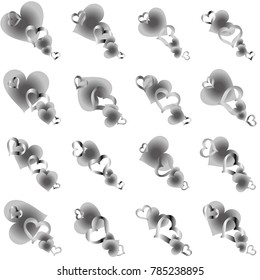 Seamless Valentines day background with random hand drawn falling silver hearts isolated on white.
