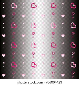Seamless Valentines day background with random hand drawn falling pink hearts on transparent background.