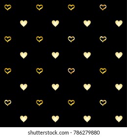 Seamless Valentines day background with random hand drawn falling golden hearts isolated on black.