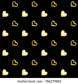 Seamless Valentines day background with random hand drawn falling golden hearts isolated on black.