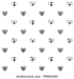 Seamless Valentines day background with random hand drawn falling silver hearts isolated on white.