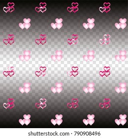 Seamless Valentines day background with random hand drawn falling pink hearts on transparent background.