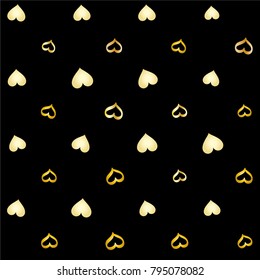 Seamless Valentines day background with random hand drawn falling golden hearts isolated on black.